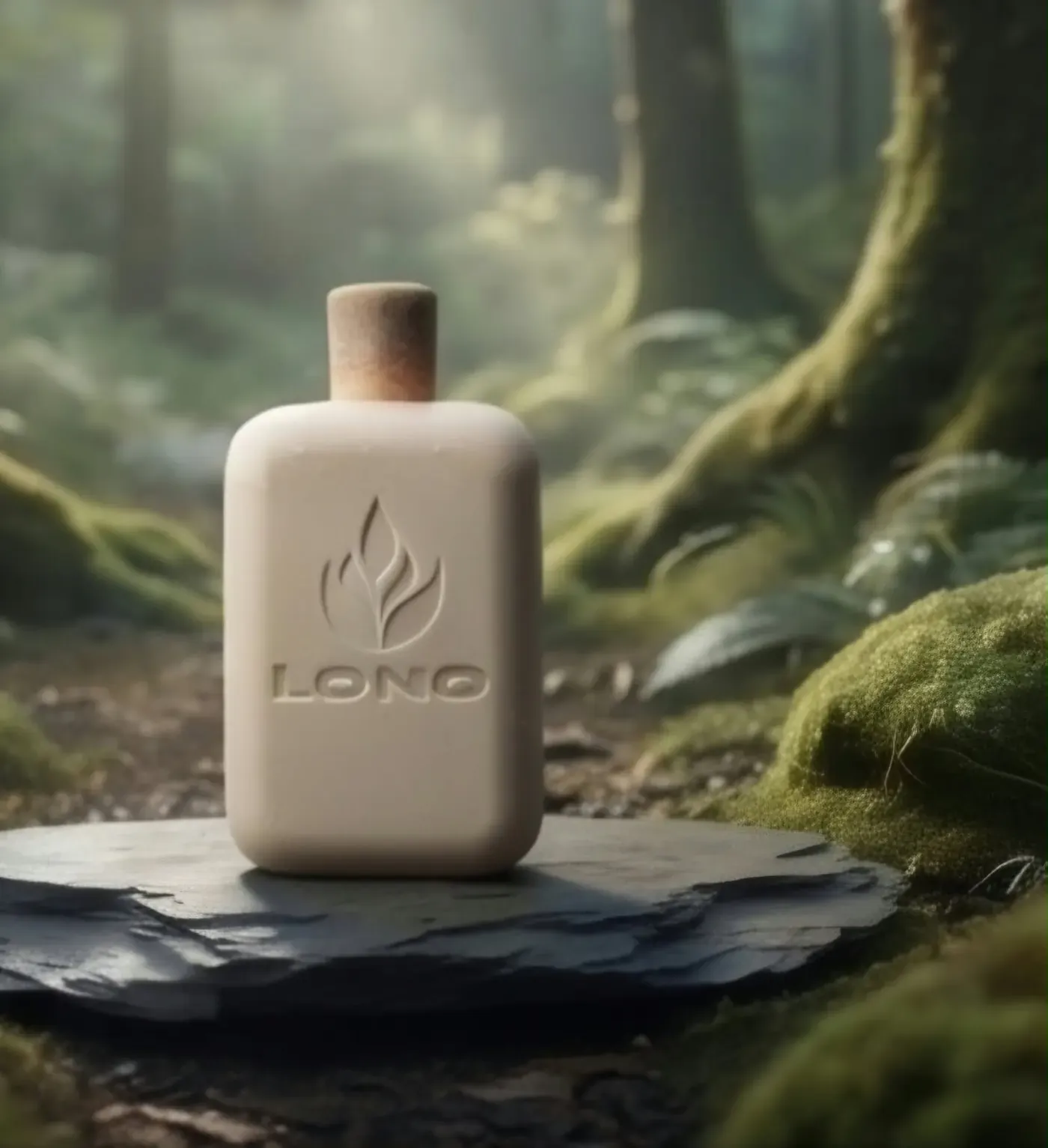 A cream LONO bottle on a slate stone in a green forest