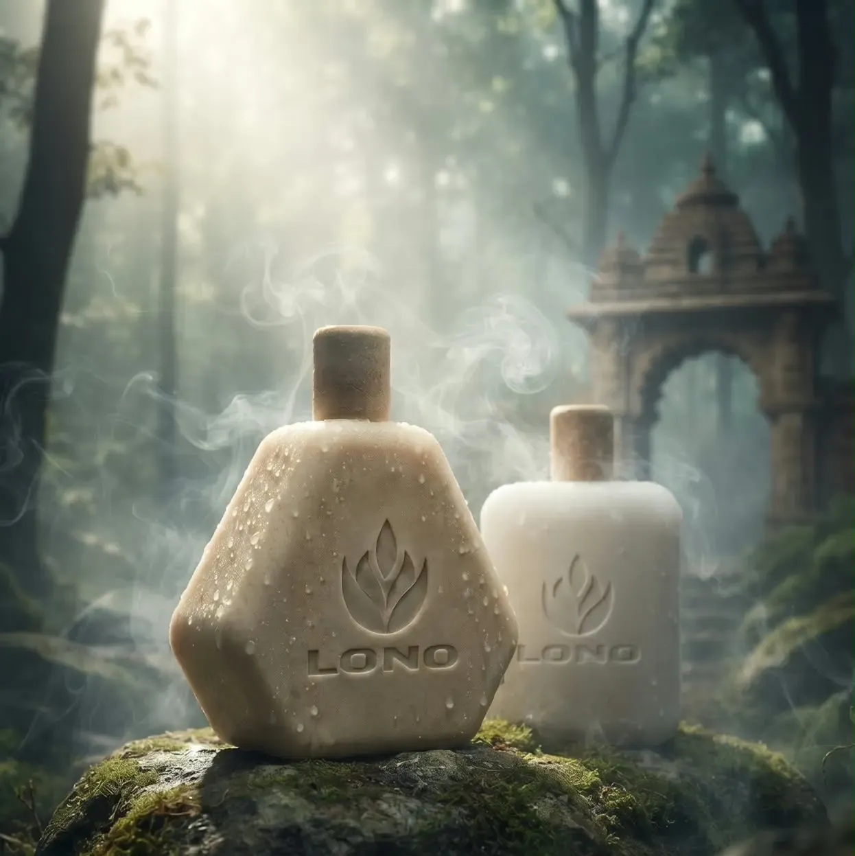 Two LONO soap bottles, one hexagonal and one rounded, resting on moss in a misty forest